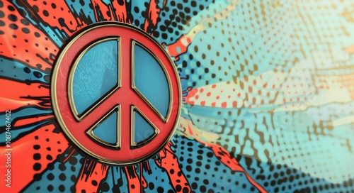 A peace sign is shown in a colorful, abstract background. The peace sign is surrounded by a red and blue circle, and the background is filled with dots and splashes of color. Scene is one of peace