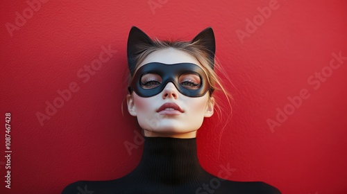 Sensual Woman in Cat Mask Against Bold Red Background