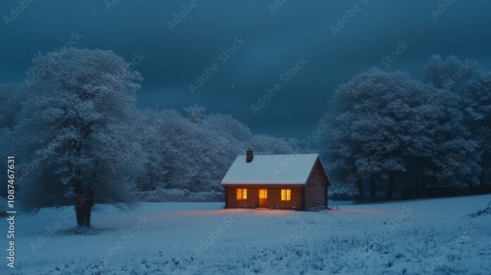 Cozy cabin in the snow with warm lights glowing during a serene winter evening atmosphere Cozy cabin in the snow with warm lights glowing during a serene winter evening atmosphere