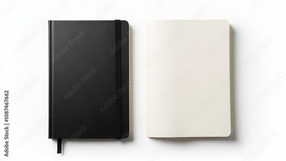 The moleskin style notebook mockup highlights the open blank pages and the classic elastic band closure of this premium notebook.