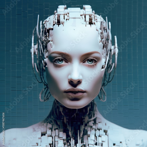 A robotic woman featuring intricate headgear and detailed components, symbolizing the blend of humanity and technology in a digital age. photo