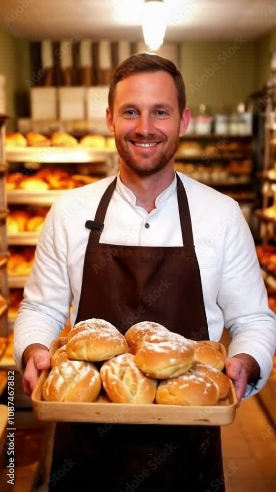 vertical video of an adult male bakery owner wearing an apron, proudly holding a tray of freshly baked breads vertical video of an adult male bakery owner wearing an apron, proudly holding a tray of freshly baked breads