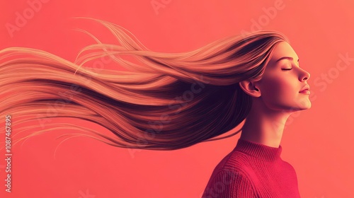 A young woman with long flowing blonde hair stands in profile against a red background, her eyes closed in a moment of peace and tranquility.