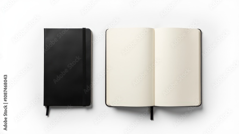 The high-quality moleskine mockup displays an open notebook and a closed version side by side.
