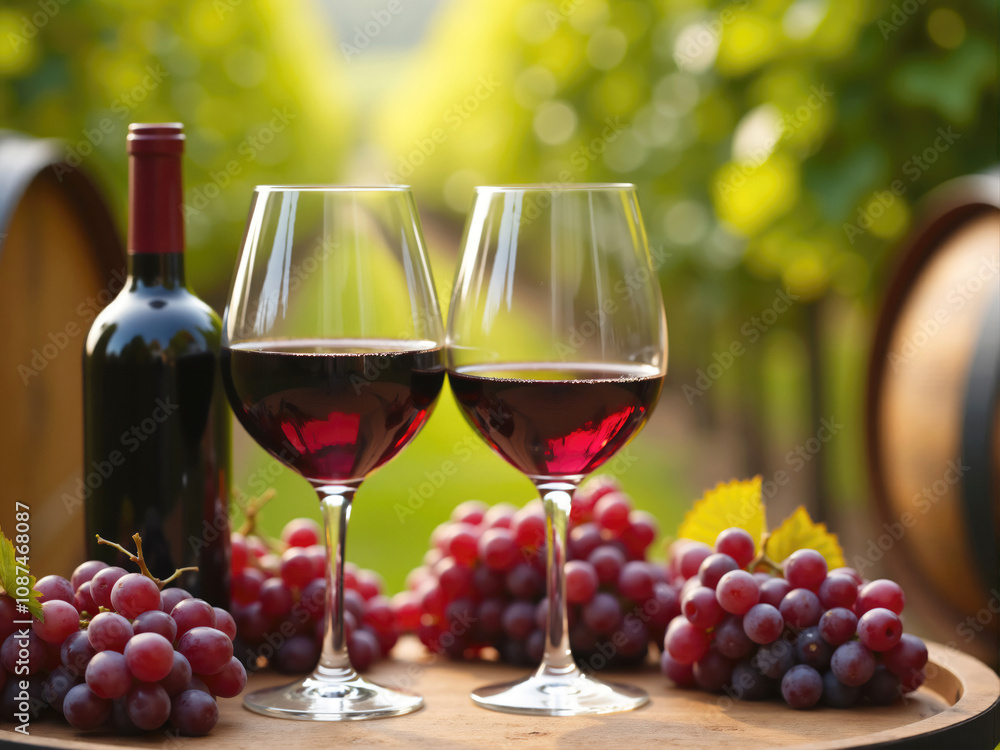 Two glasses of red wine resting on barrel in vineyard setting Two glasses of red wine resting on barrel in vineyard setting