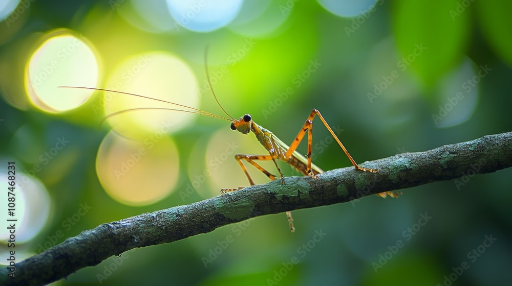 Close-Up of a Vibrant Green Insect Resting on a Branch Surrounded by Soft Focus Natural Background in a Lush Forest Environment Close-Up of a Vibrant Green Insect Resting on a Branch Surrounded by Soft Focus Natural Background in a Lush Forest Environment