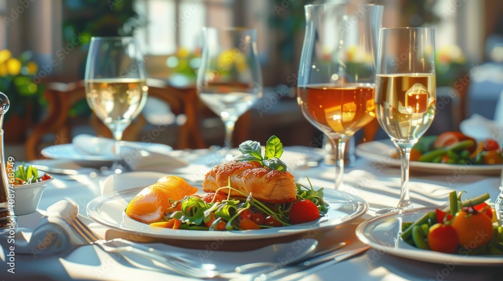 Elegant restaurant table setting with grilled fish, salad, and wine glasses. Elegant restaurant table setting with grilled fish, salad, and wine glasses.
