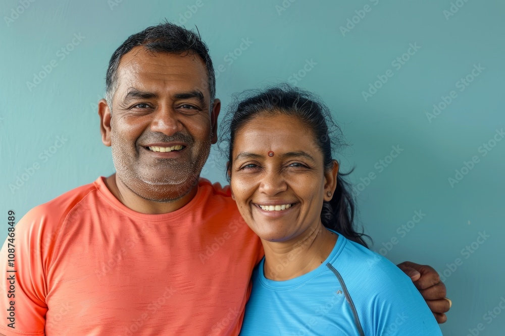 Portrait of a smiling indian couple in their 40s wearing a moisture-wicking running shirt in front of soft blue background Portrait of a smiling indian couple in their 40s wearing a moisture-wicking running shirt in front of soft blue background