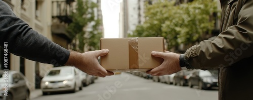 Two people hand over a brown cardboard package in an urban street, flanked by parked cars and leafy trees on either side.