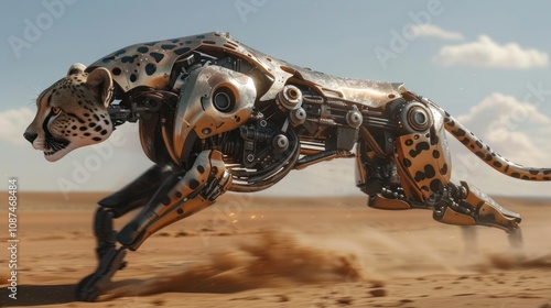 A robotic cheetah runs across a sandy desert, leaving a trail of dust in its wake. Its metallic body is sleek and powerful, a testament to the advancements of technology. photo