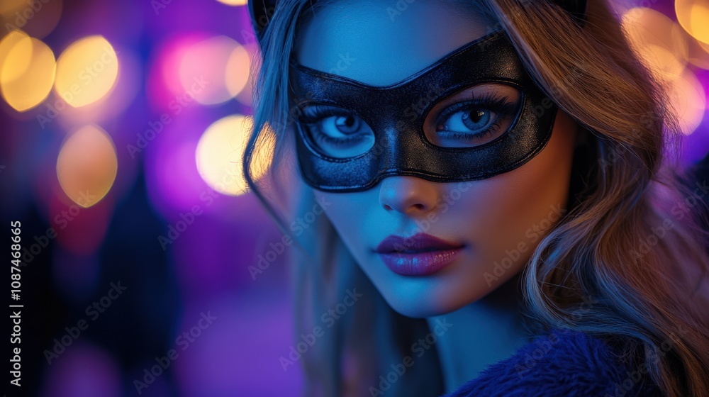 Mysterious Woman in a Mask Against Colorful Bokeh Background Mysterious Woman in a Mask Against Colorful Bokeh Background