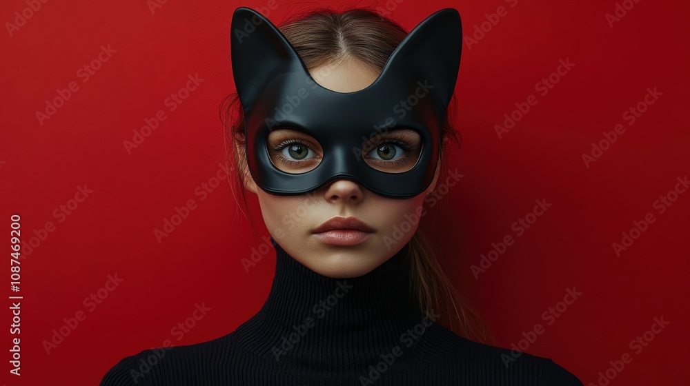 Mysterious Woman in Cat Mask Against Bold Red Background Mysterious Woman in Cat Mask Against Bold Red Background
