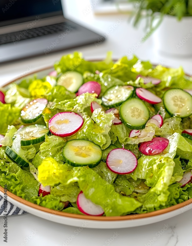 A vibrant salad featuring lettuce, cucumbers, and radishes, perfect for a healthy meal. A vibrant salad featuring lettuce, cucumbers, and radishes, perfect for a healthy meal.
