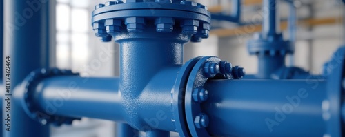 A close-up view of a blue industrial pipe system showcasing flanges, fittings, and intricate detailing in a modern facility. photo