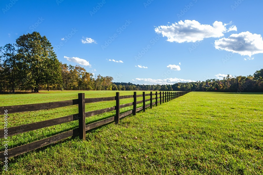 Serene Pastoral Landscape with Lush Green Field and Wooden Fence Serene Pastoral Landscape with Lush Green Field and Wooden Fence