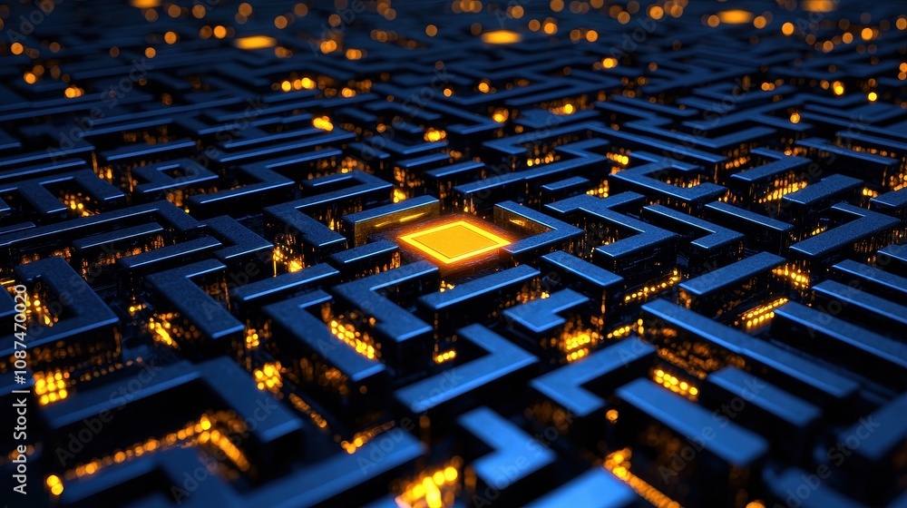 Obraz premium Abstract representation of a digital labyrinth showcasing bright lines and intricate designs, emphasizing technology and innovation in a vibrant manner.