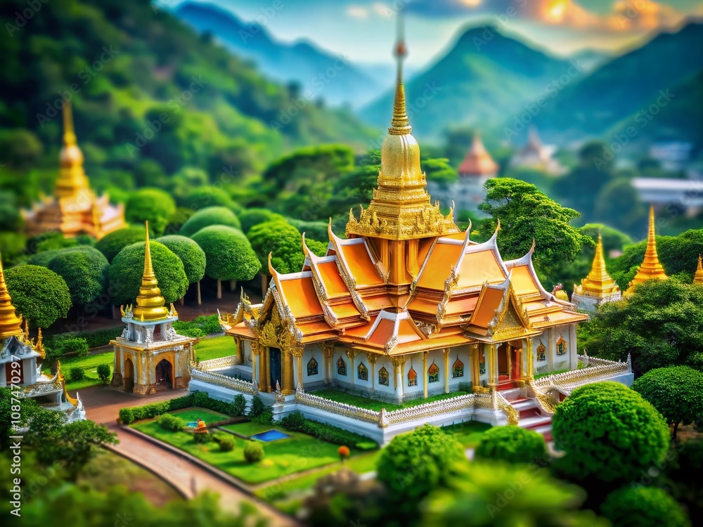 Naklejka premium Stunning Tilt-Shift Photography of the Beautiful Golden Pavilion of Wat Phachonkeaw Surrounded by Lush Greenery and Majestic Mountains in a Serene Landscape