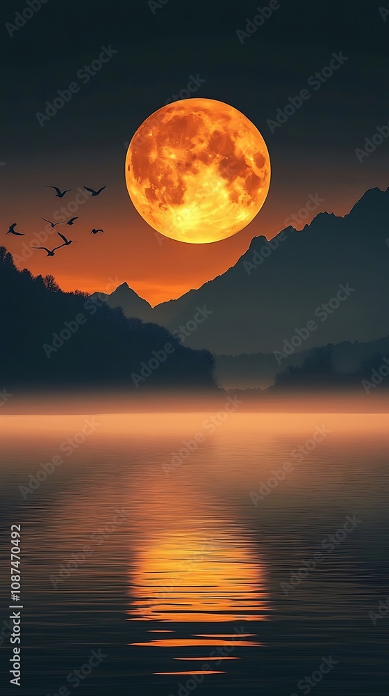 Obraz premium Moonlit mountain peaks glowing under the brilliance of a golden full moon