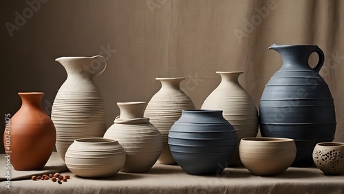Various Handmade Pottery Displayed on a Neutral Background in a Cozy Art Studio During the Afternoon