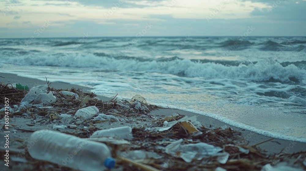 Plastic trash scattered on a beach, with the ocean waves in the background Plastic trash scattered on a beach, with the ocean waves in the background