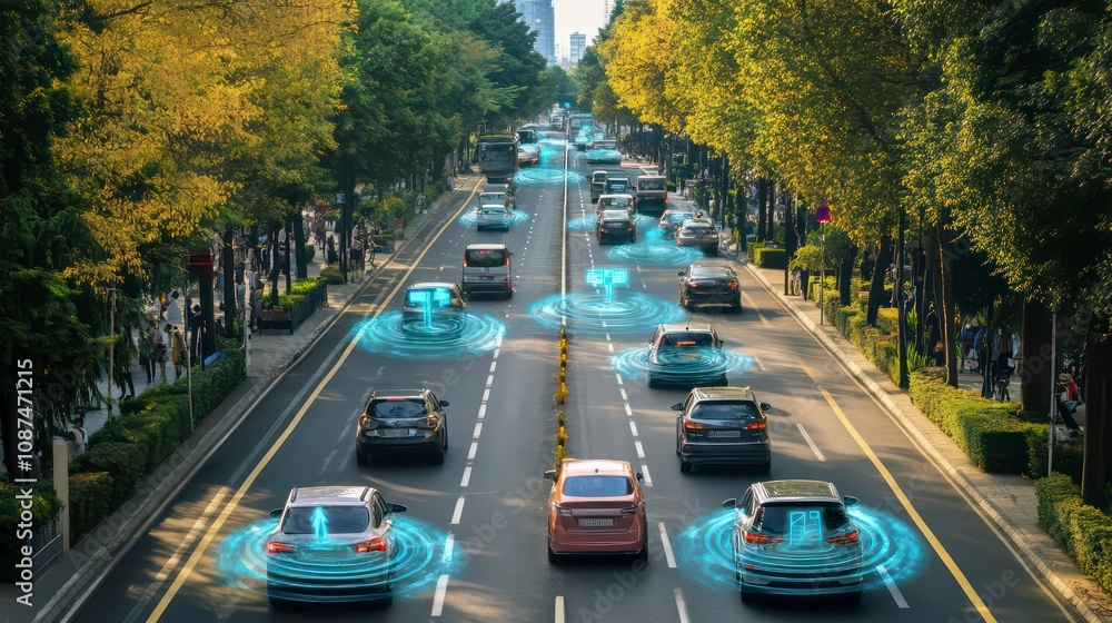 Cars driving on a city street with blue circles around them representing autonomous driving technology. Cars driving on a city street with blue circles around them representing autonomous driving technology.
