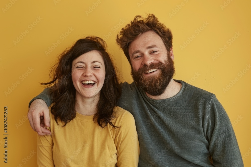 Portrait of a jovial caucasian couple in their 30s sporting a long-sleeved thermal undershirt isolated on soft yellow background Portrait of a jovial caucasian couple in their 30s sporting a long-sleeved thermal undershirt isolated on soft yellow background