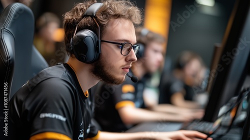 A young man wearing glasses and headphones is focused on a game at his computer