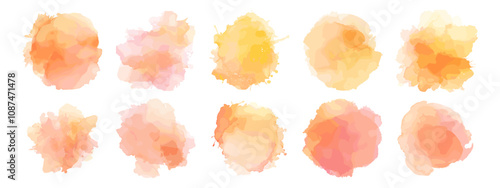 Watercolor blot pastel colors. Peach yellow pink paint stain, circle drop element vector illustration