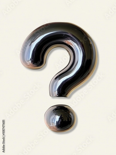 Shiny black question mark with reflective details on a light background, blending modernity and mystery for creative presentations.