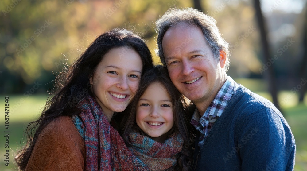 Portrait of a child with their adoptive family, smiling in a park setting with natural light Portrait of a child with their adoptive family, smiling in a park setting with natural light