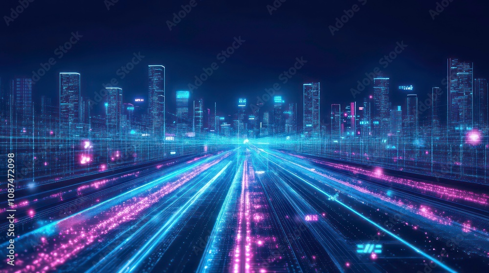 AI-driven transport analytics, digital data visualization, city background, neon glow AI-driven transport analytics, digital data visualization, city background, neon glow