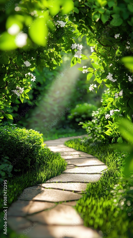 Fototapeta premium Lush Garden Pathway with Dappled Sunlight