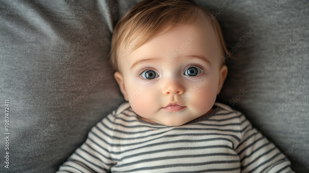 Adorable Baby with Big Blue Eyes on a Soft Gray Background Adorable Baby with Big Blue Eyes on a Soft Gray Background