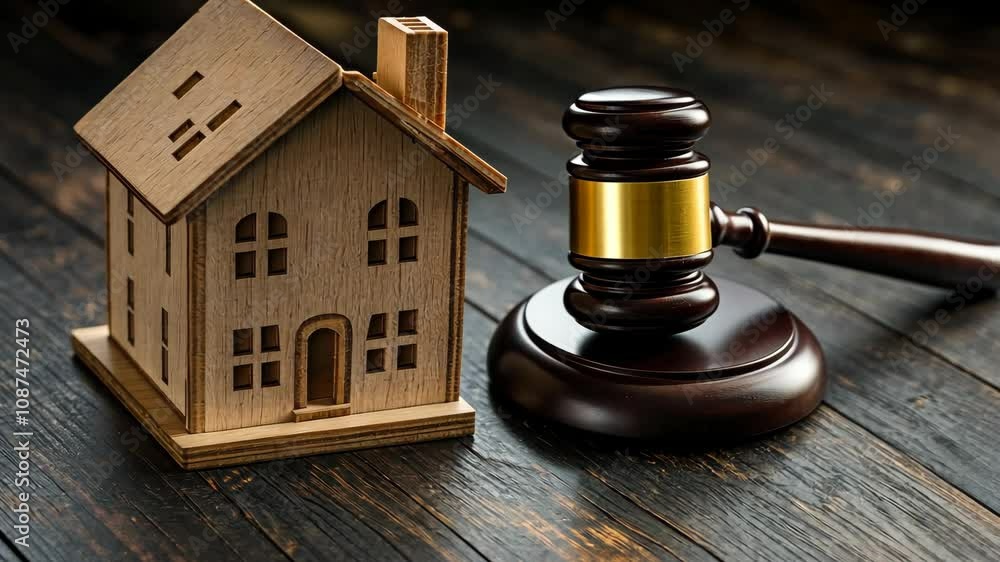 Tiny wooden house model positioned on a dark wooden table beside a gavel, emphasizing themes of property law, real estate decisions, and legal authority. 4K Video Tiny wooden house model positioned on a dark wooden table beside a gavel, emphasizing themes of property law, real estate decisions, and legal authority. 4K Video