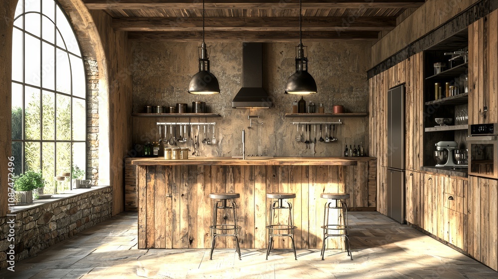 Rustic Minimal Kitchen with Wooden Cabinets, Industrial Lighting, and Large Arched Window Rustic Minimal Kitchen with Wooden Cabinets, Industrial Lighting, and Large Arched Window