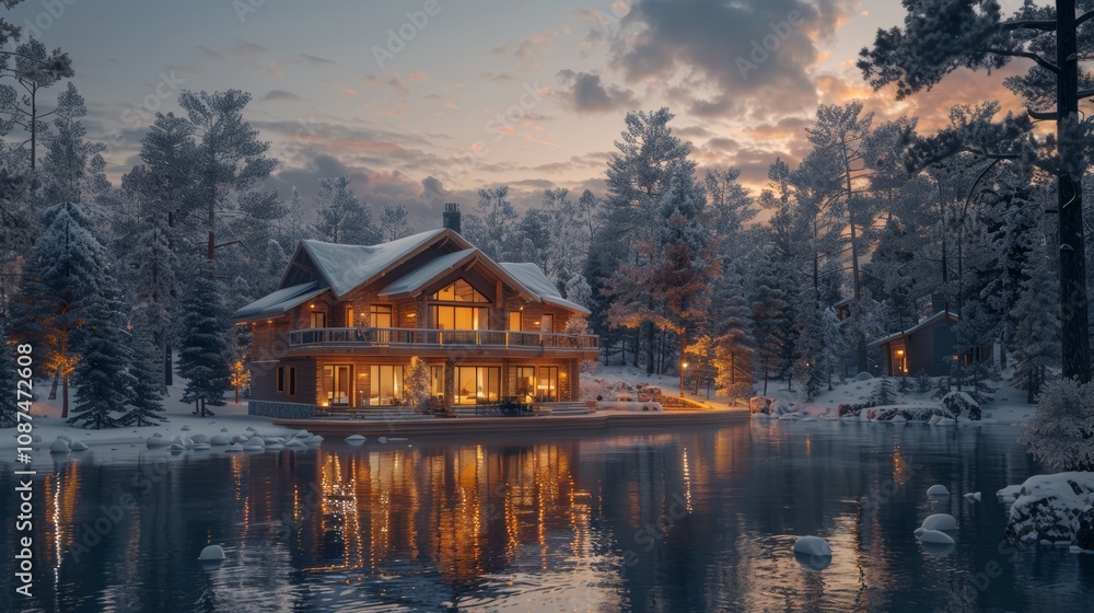Fototapeta premium Cozy Winter Cabin by a Tranquil Lake at Sunset with Snow-Covered Trees and Warm Lights