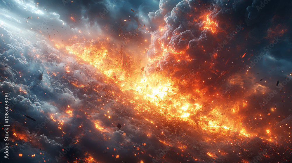 Naklejka premium Epic full-body anime duel between a hero and a villain, both wielding massive glowing energy swords. The battlefield is a vast desert with swirling sandstorms and beams of light piercing through the d