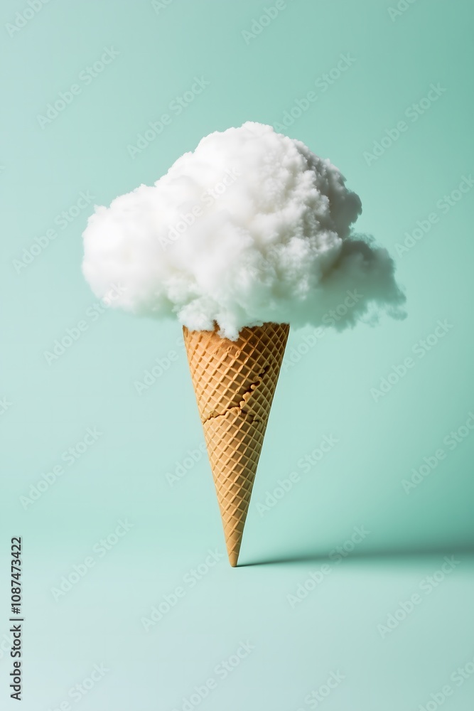 Ice cream cone holding a white fluffy cloud instead of cream on a pastel blue background. Creative thinking and food concept.