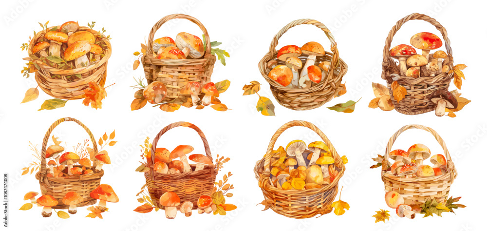 Fototapeta premium wicker baskets with mushrooms. autumn mushroom picker basket set, forest rural fresh harvest yellow foliage picking seasonal food hike vector illustration