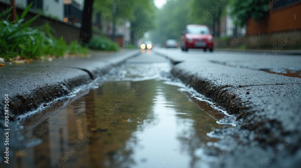 Flooded City Road During Rain With Clogged Drainage Issues Flooded City Road During Rain With Clogged Drainage Issues
