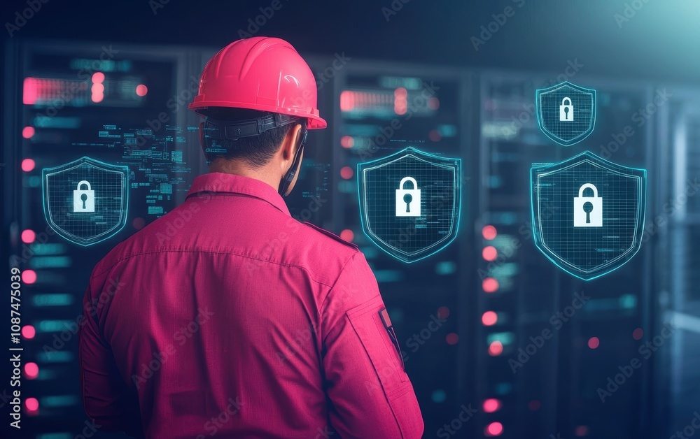 A technician monitors data security in a server room with digital lock icons. A technician monitors data security in a server room with digital lock icons.