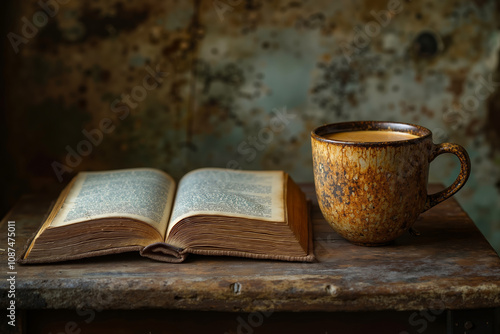 An open book and a cup of coffee on a table