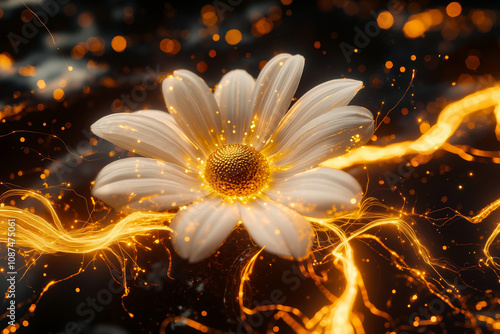 A white flower with a yellow center on a black background