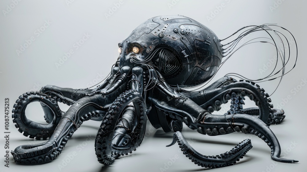Obraz premium A metallic, robotic octopus with glowing eyes sits on a white background.