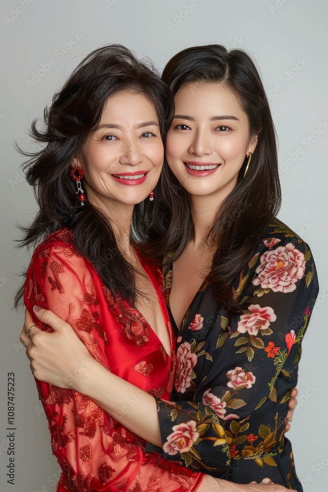 Heartwarming Portrait of a Loving Mother and Daughter Embracing in Beautiful Floral Dresses Heartwarming Portrait of a Loving Mother and Daughter Embracing in Beautiful Floral Dresses