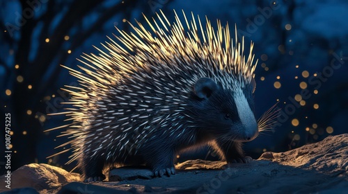 African animals, porcupines at night, quills raised as they forage, ready to defend themselves if threatened