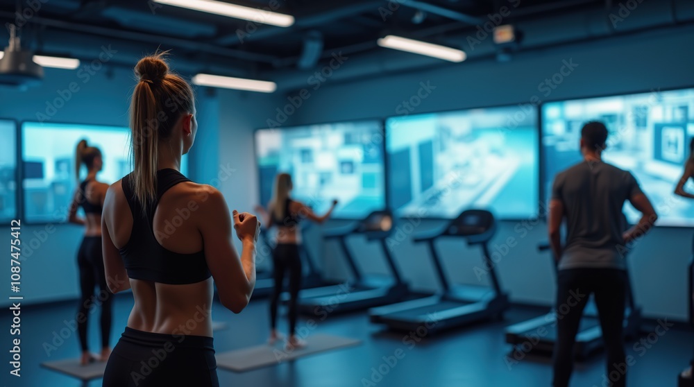 Fototapeta premium Virtual Fitness Class in a High-Tech Gym Environment