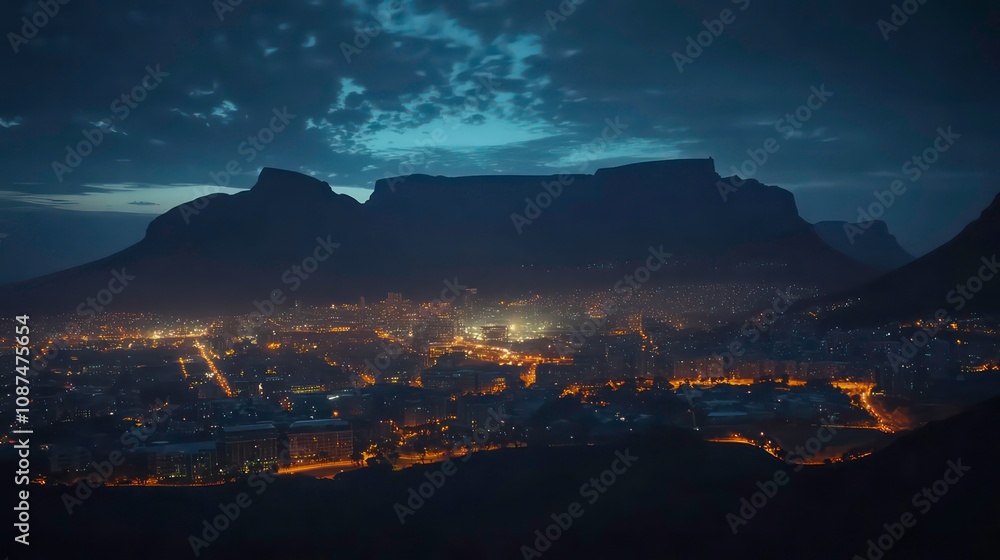 Obraz premium A panoramic view of Table Mountain at dusk, with the city lights of Cape Town twinkling below.