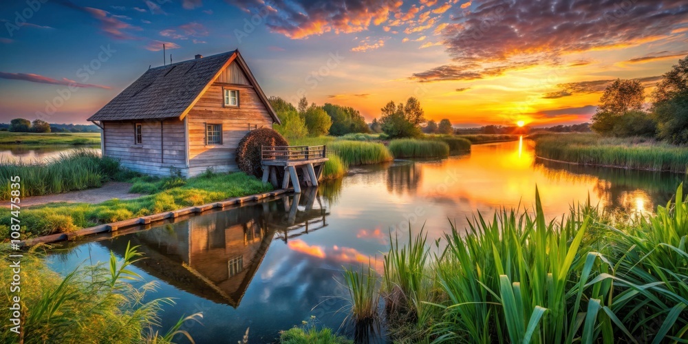 A rustic wooden cabin nestled on a riverbank, surrounded by lush green reeds, with a mesmerizing golden sunset reflecting on the tranquil water. A rustic wooden cabin nestled on a riverbank, surrounded by lush green reeds, with a mesmerizing golden sunset reflecting on the tranquil water.