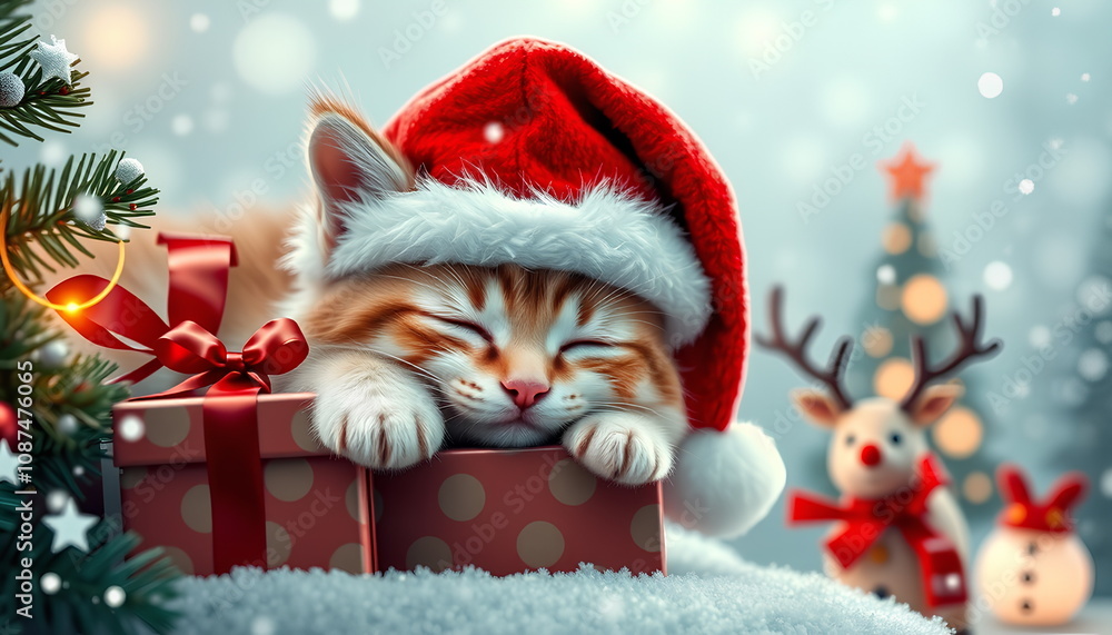 A ginger kitten, wearing a Santa hat, sleeps peacefully on a pile of Christmas presents. The scene is bathed in soft, warm light, and the air is filled with the scent of pine. Snowflakes gently fall. A ginger kitten, wearing a Santa hat, sleeps peacefully on a pile of Christmas presents. The scene is bathed in soft, warm light, and the air is filled with the scent of pine. Snowflakes gently fall.